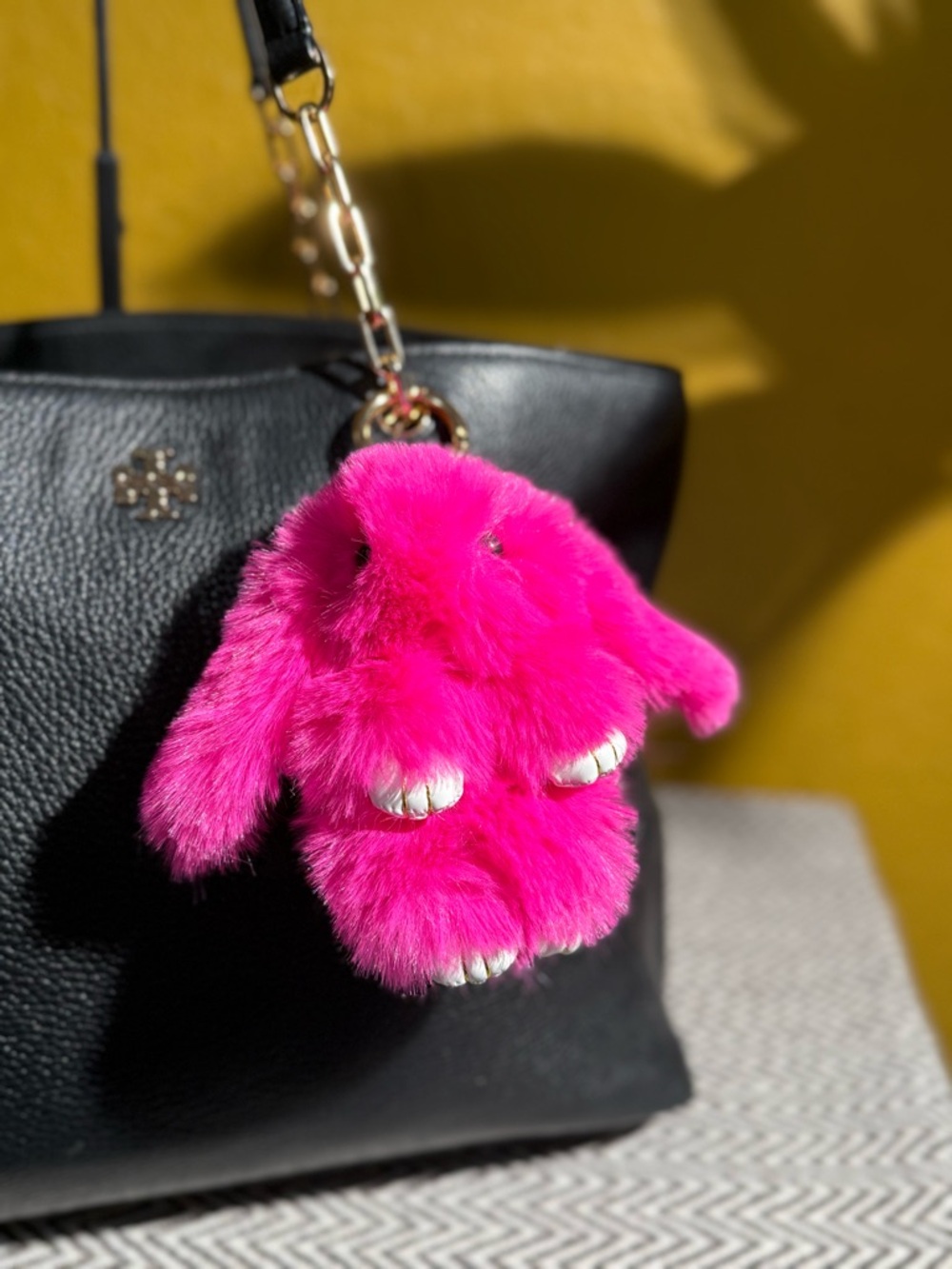 Faux Fur Bunny Bag Charm | Bright Pink Shades & Gold Hardware - Choice of 1 - Picture 6 of 7